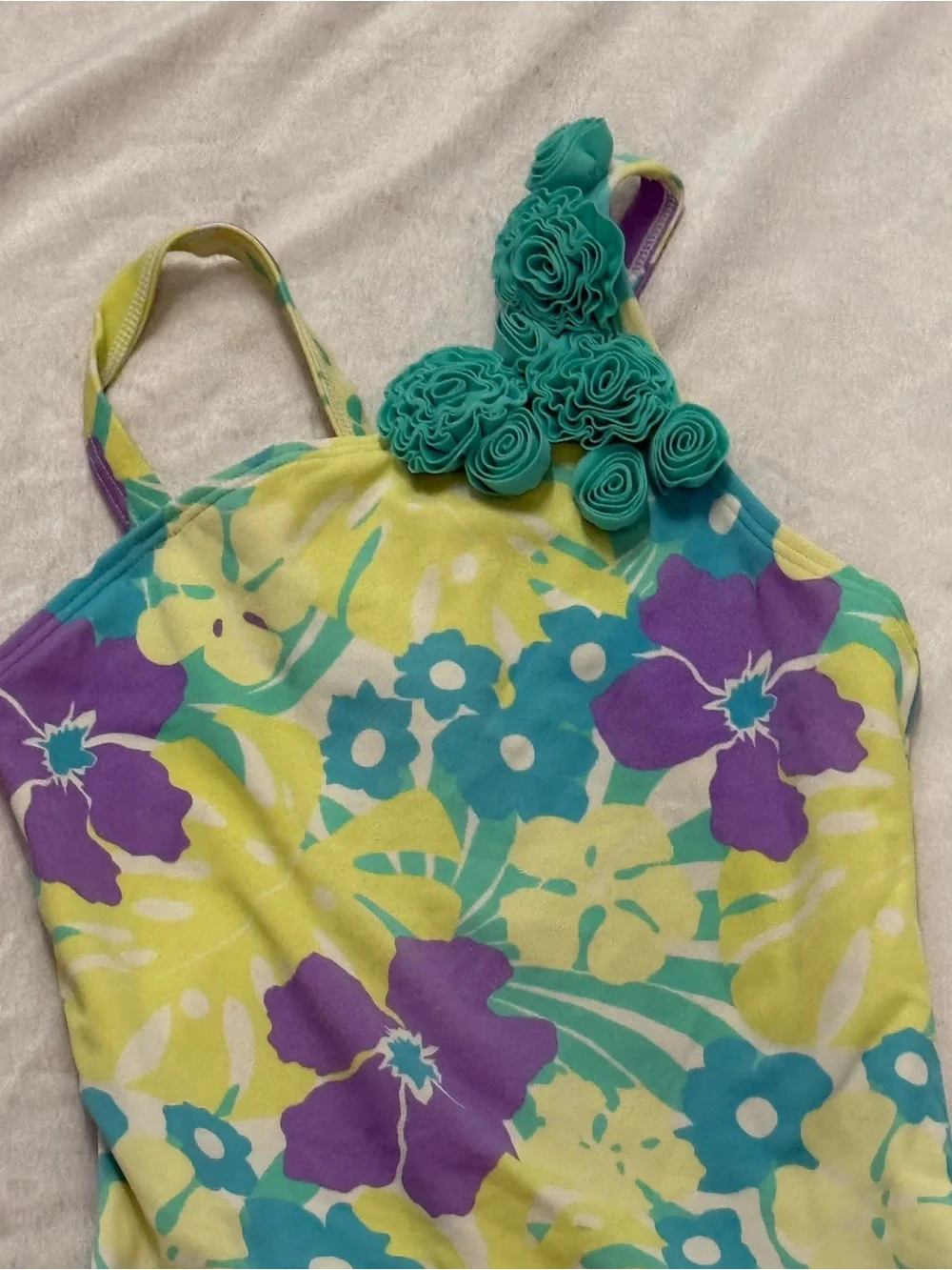 Lands' End Girls Floral One-Piece Swimsuit in Yellow, Teal & Purple